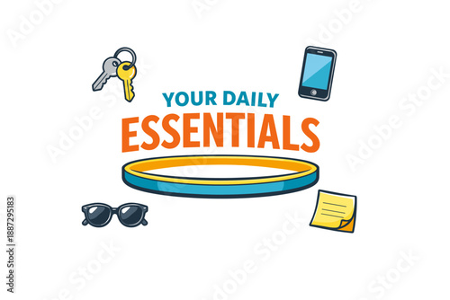 Your daily essentials: keys, smartphone, sunglasses, notepad, and wristband illustrated