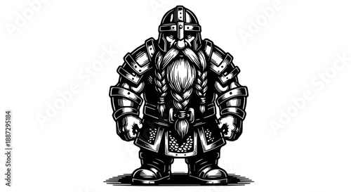 Black and white illustration of a knight in full armor with a braided beard