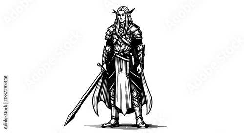 Fantasy-inspired female character with pointed elven ears and a sheathed sword