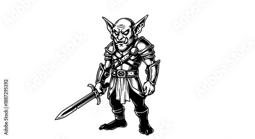 Black and white illustration of a warrior gnome with a sword in a battle-ready stance