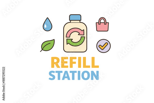 Eco-friendly refill station with recycle icon and green symbols