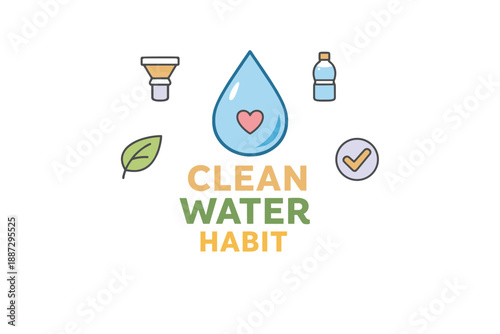 Clean water habit logo with heart drop and environmental icons