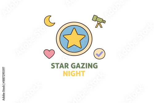 Star gazing night: telescopes, stars, moon, and love symbols