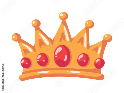 Golden crown with red gemstones. Royal symbol of power and authority. Vector isolated cartoon illustration on white background