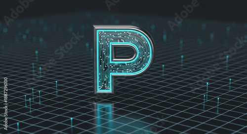 P Alphabet Monogram with Glowing Cyan Circuit Lines and 3D Digital Grid