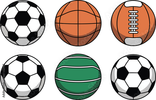 Six different sports balls for soccer basketball football and tennis games isolated on white background