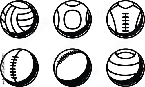 Six different sports balls icons in black and white illustration  balls for various games