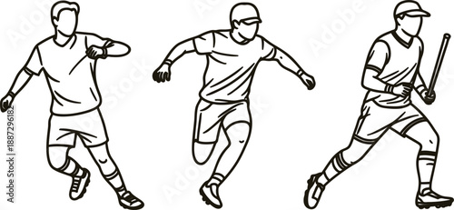 Three men running in different poses for sports or fitness activities illustration