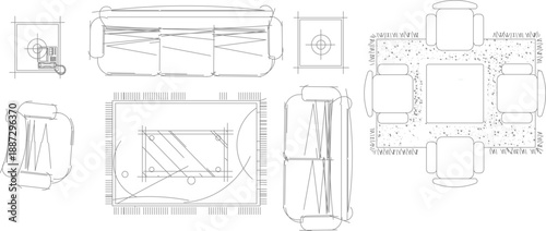 Vector collection of sofa, armchair, and table symbols in top view, perfect for architectural floor plans and interior living room layouts.