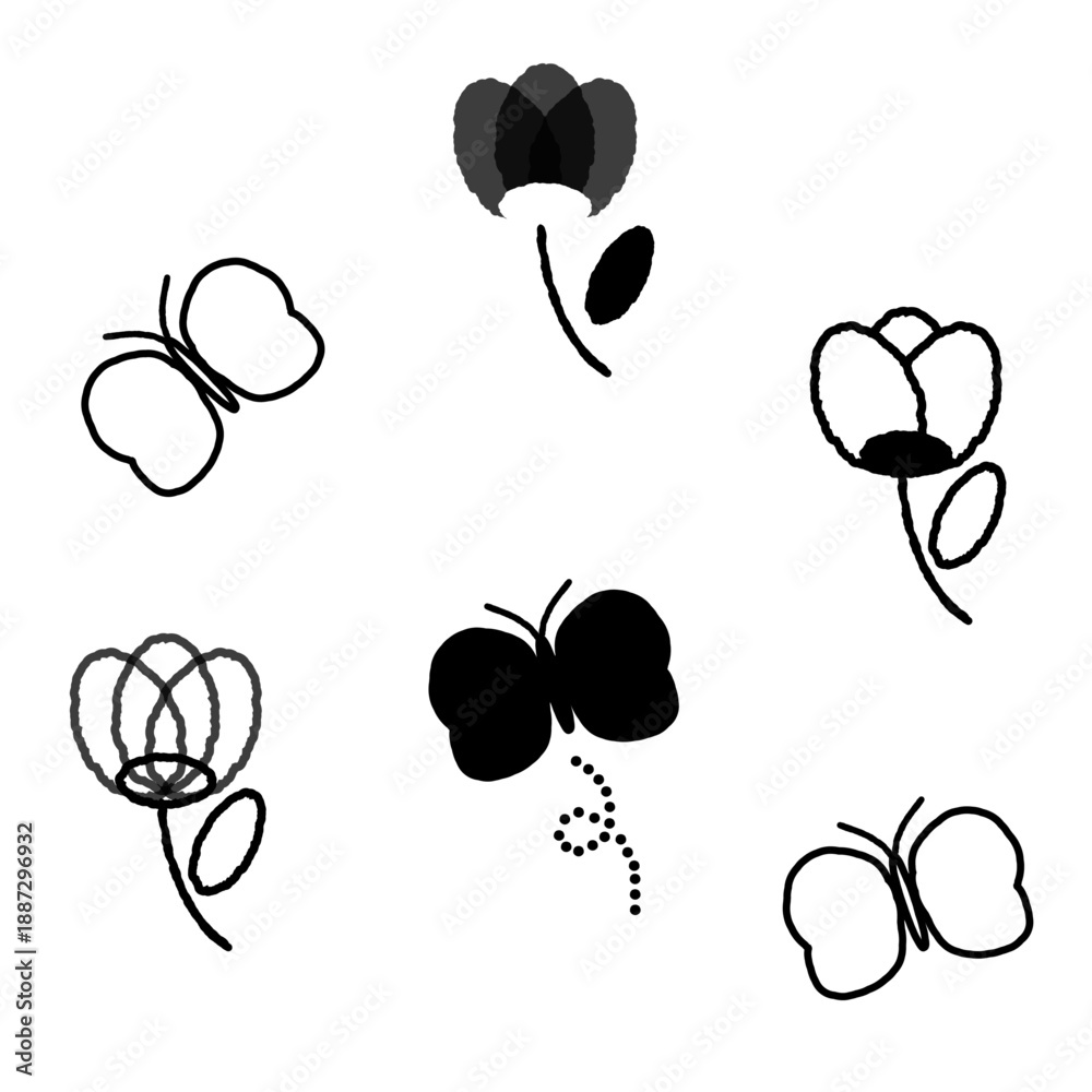 Fototapeta premium シンプルな手描きの蝶と花のイラスト素材