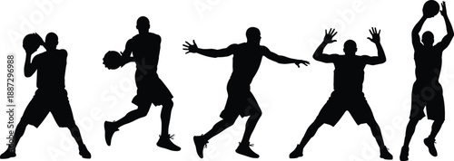 Silhouette basketball players in dynamic action poses showing dribbling, passing, shooting, defending, athletic training, teamwork, and competitive sports movement