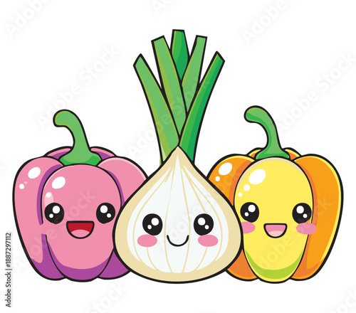 Cheerful Vegetables: An adorable arrangement of colorful bell peppers and an onion, all brought to life with friendly faces and radiant smiles, creating a vibrant scene of wholesome freshness.