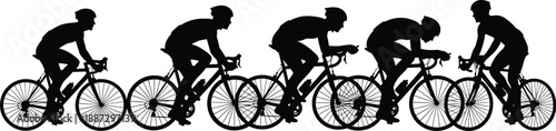 Silhouette cyclists riding bicycles in motion sequence showing dynamic postures, speed training, endurance sports, fitness exercise, and competitive racing techniques