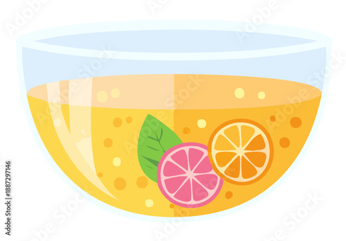 Citrus Delight: A vibrant illustration showcases a glass bowl filled with a refreshing beverage, adorned with slices of orange and pink grapefruit, and a fresh mint leaf.