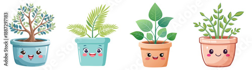 Adorable potted plants smiling back at you! These cheerful, cartoonish illustrations bring a sense of whimsy and joy to any setting.