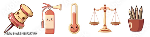 Assorted Objects Illustration: An artful array of charming illustrations presents a thumb tack, fire extinguisher, thermometer, justice scale, and a collection of pencils.