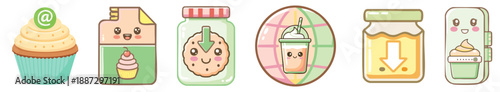 A Series of Charming Cartoon Food and Icon Illustrations: This image showcases a collection of adorable cartoon illustrations of various food items, designed with a cute aesthetic.