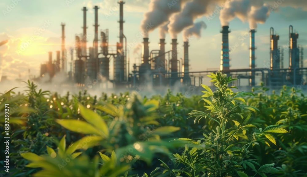 Obraz premium A vibrant green field with plants in the foreground contrasts against a backdrop of industrial smokestacks emitting smoke during sunset.