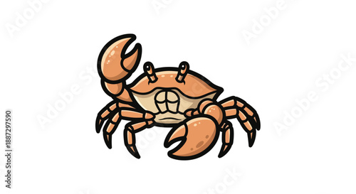 Cartoon crab with large claws and multiple legs, orange and beige color palette on a white background