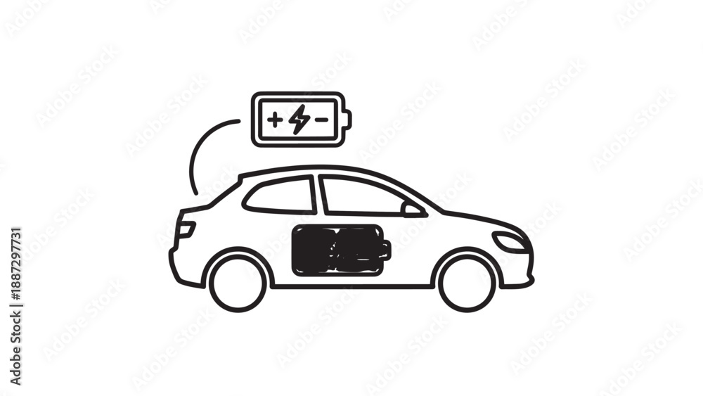 Fototapeta premium Line art illustration of an electric car with exposed battery and components.
