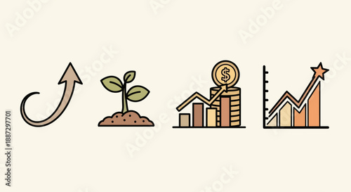Four cartoon images showing growth an arrow, plant, coin stack with graph, and a star graph