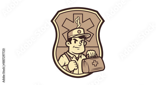 A medical worker holds a bag, framed by a star-of-life emblem, vintage style