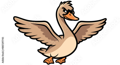 Cartoon goose with wings spread, slightly angled, black outlines, and intense expression