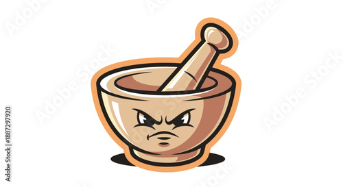 Cartoon mortar and pestle with angry face, in orange border