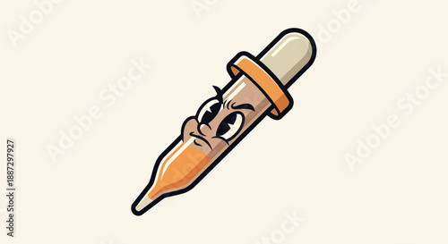 Cartoon-style medical dropper with angry face, filled with orange liquid, on cream backdrop