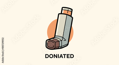 A stylized illustration of an inhaler, with "DONIATED" beneath, on a beige background with an orange circle