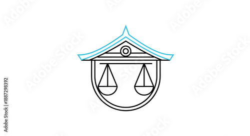 A minimalist illustration features a court house structure with scales inside; a white backdrop