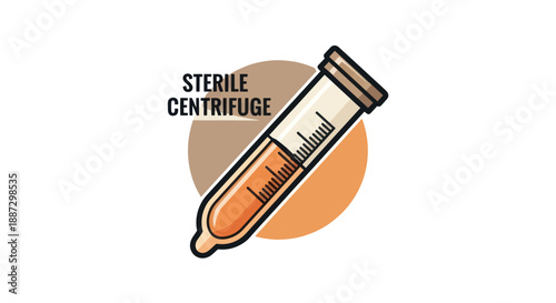An illustration of a centrifuge tube, containing orange fluid, on a white background, with a brown and orange circles behind it and text above