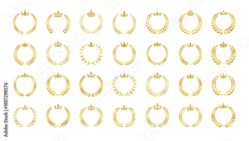 王冠付き月桂冠のフレームセット-ゴールドのランキング用エンブレム素材｜Circular laurel wreath frame set with crowns. Gold ranking emblem material
