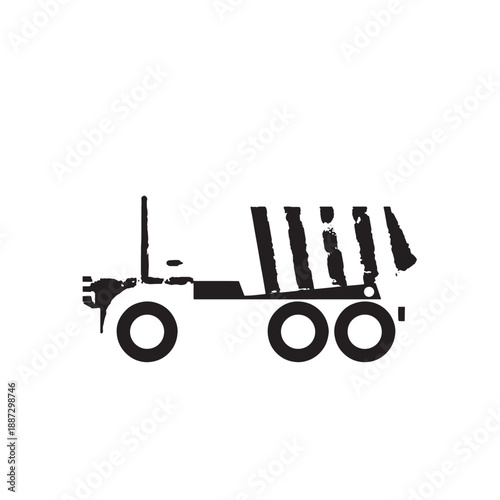 Silhouette of a vintage logging truck with a flatbed carrying timber on a rural road.