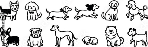 Line art dog icon set showing corgi bulldog dachshund poodle labrador greyhound sleeping puppy sitting running playful side view outline