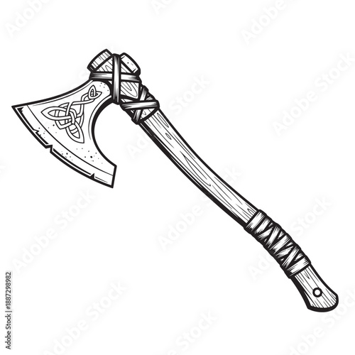 Decorative black and white line drawing of a traditional axe with wooden handle.
