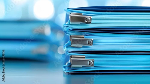 Files in Order: A close-up shot of several stacked files, the vibrant blue and neat arrangement exuding order, efficiency, and preparedness.
