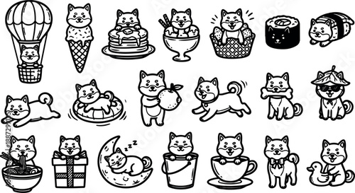 Hand drawn kawaii line art shiba inu icon sheet showing playful poses holding food gifts and cups in black outline