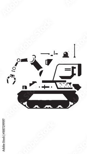 Abstract illustration of a futuristic tank and human operator with digital dashboard and control icons.