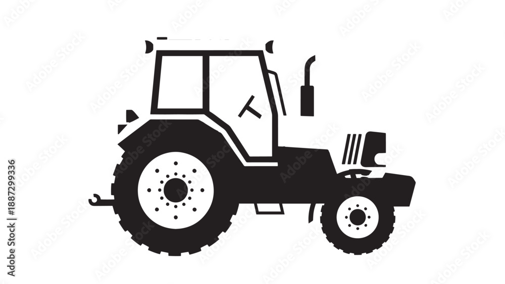 Obraz premium Silhouette of a vintage tractor vehicle in a rural farm scene, rendered in black and white for an industrial graphic.