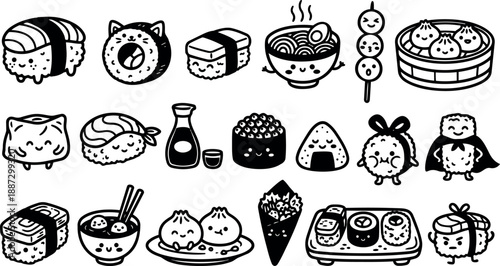Kawaii line art overhead grid of smiling sushi, dumplings, ramen and rice icons with playful cute faces on white background