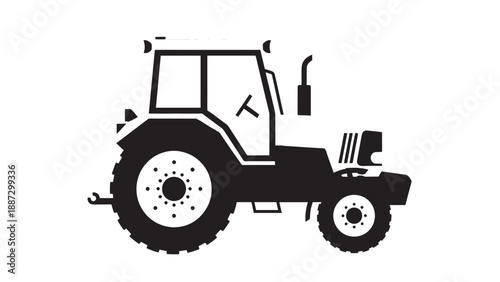 Silhouette of a vintage tractor vehicle in a rural farm scene, rendered in black and white for an industrial graphic.