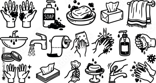 Hand drawn line art hygiene icon set showing soapy hands, soap dispenser, faucet and tissues in black ink close up sketch
