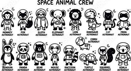 Whimsical kids doodle lineup of space animal astronauts labeled front facing black and white cartoon characters with helmets and nameplates adorable