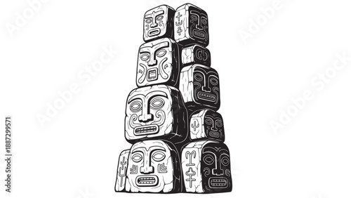 Monochrome stack of carved cube sculptures with faces in an abstract illustration.