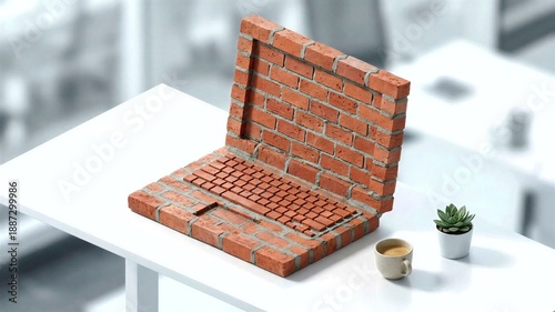 Conceptual laptop made of red bricks on white office desk
