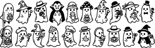 Whimsical kids doodle row of twenty cute ghost characters in costume holding candy and props looking at camera festive halloween