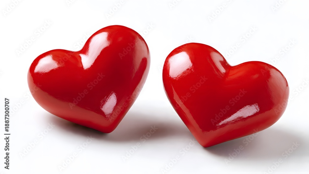 Fototapeta premium Two shiny red hearts are pictured against a crisp white background, symbolizing love, affection, and the celebration of Valentine's Day in a simple composition.