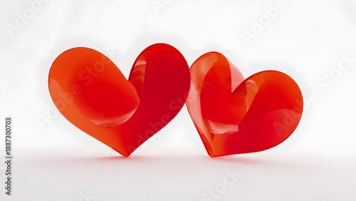 Two translucent, vibrant red hearts are displayed closely together on a clean white surface, suggesting love, connection, and a romantic Valentine's Day theme.