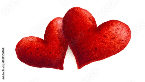 Two vibrant red watercolor hearts are isolated on a white background, symbolizing love, affection, and romantic feelings, perfect for Valentine's Day designs.
